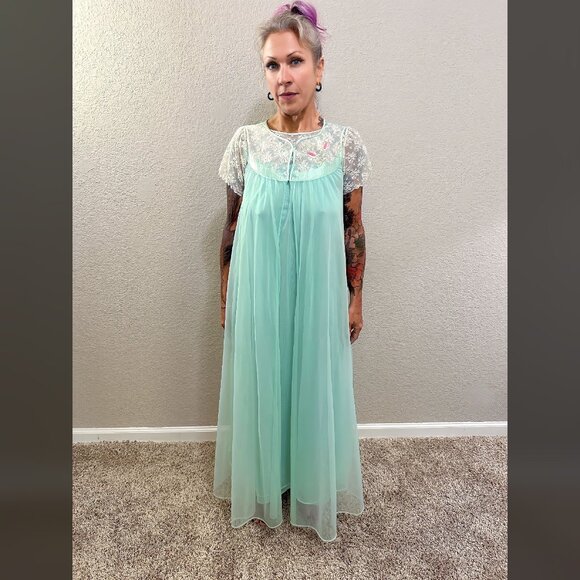 50s Vintage Lingerie Set Blue & Pink Gown Robe Rockabilly Pinup Boudoir MCM S M - Picture 3 of 14